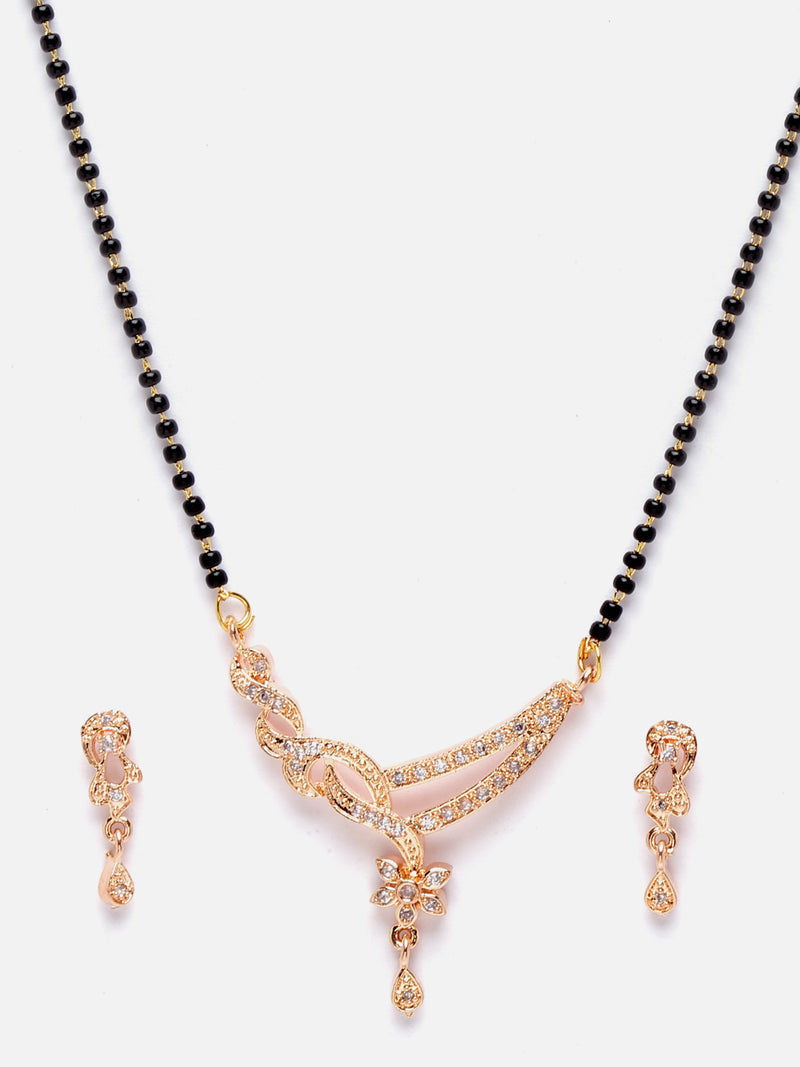 Rose Gold-Plated White American Diamond Studded & Black Beads Beaded Mangalsutra with Earrings