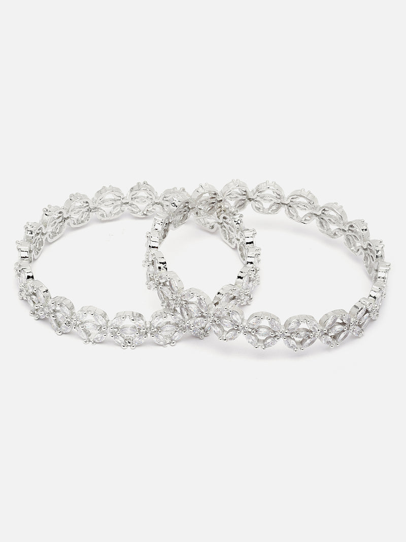 Rhodium-Plated Silver Toned White Floral American Diamond studded Bangles Jewellery Set (Set Of 2)