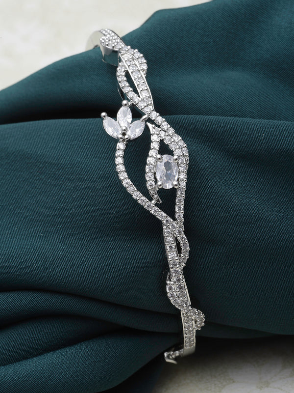 Rhodium-Plated White American Diamond Studded Handcrafted Kada Bracelet