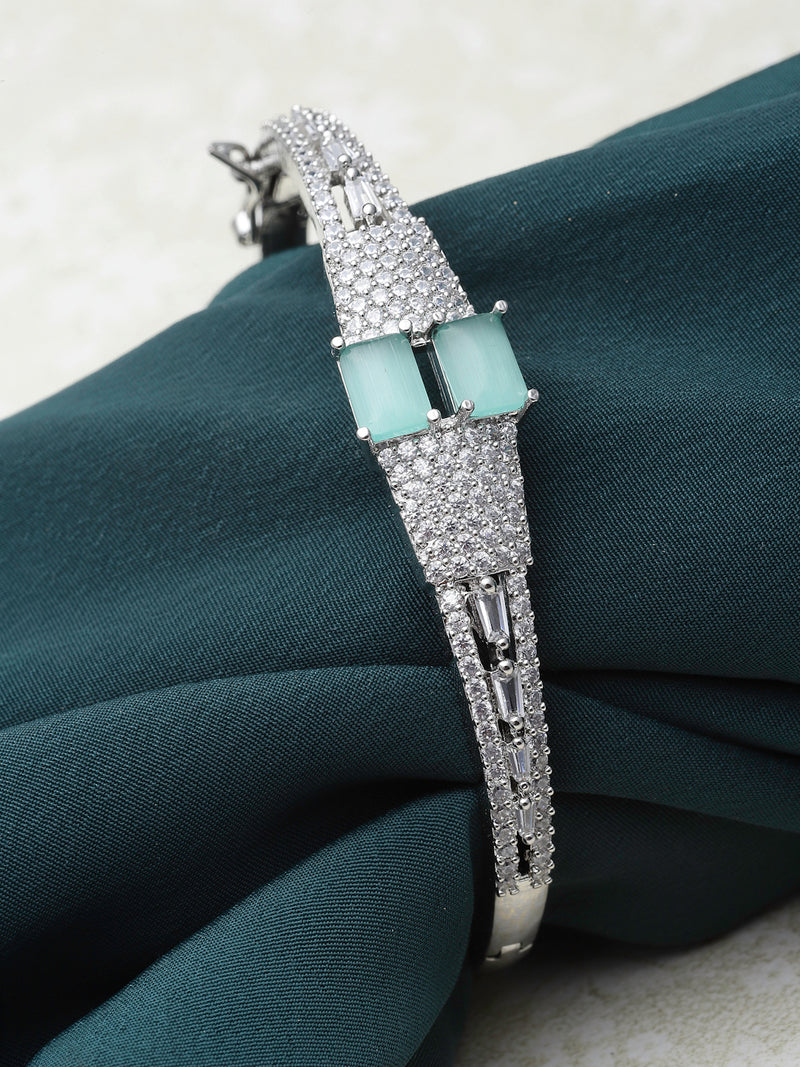 Rhodium-Plated Sea Green Square Shape American Diamond Studded Kada Bracelet