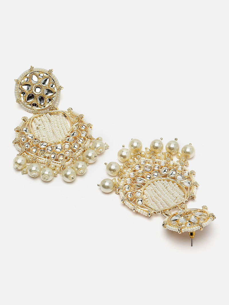 Gold-Plated White Beads White Pearls & Kundan studded Handcrafted Crescent Shaped Drop Earrings