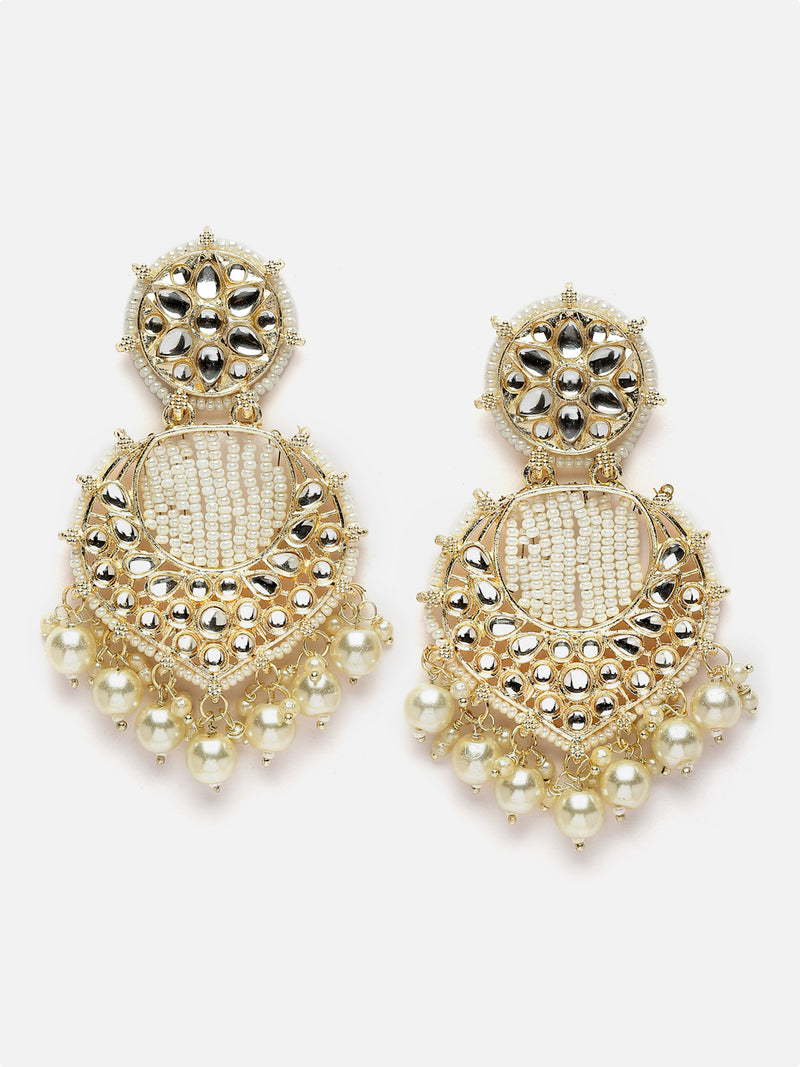 Gold-Plated White Beads White Pearls & Kundan studded Handcrafted Crescent Shaped Drop Earrings