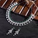 Rhodium-Plated Green American Diamond Studded Triangular Design Necklace & Earrings Jewellery Set