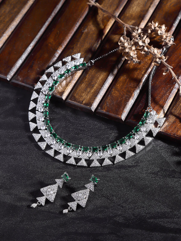 Rhodium-Plated Green American Diamond Studded Triangular Design Necklace & Earrings Jewellery Set