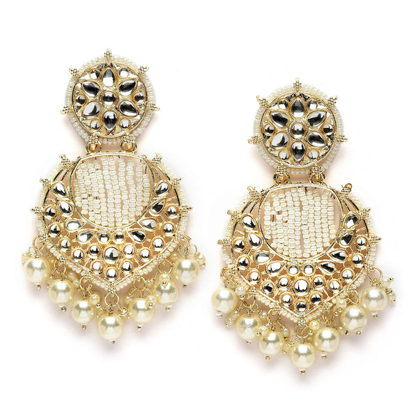 Gold-Plated White Beads White Pearls & Kundan studded Handcrafted Crescent Shaped Drop Earrings