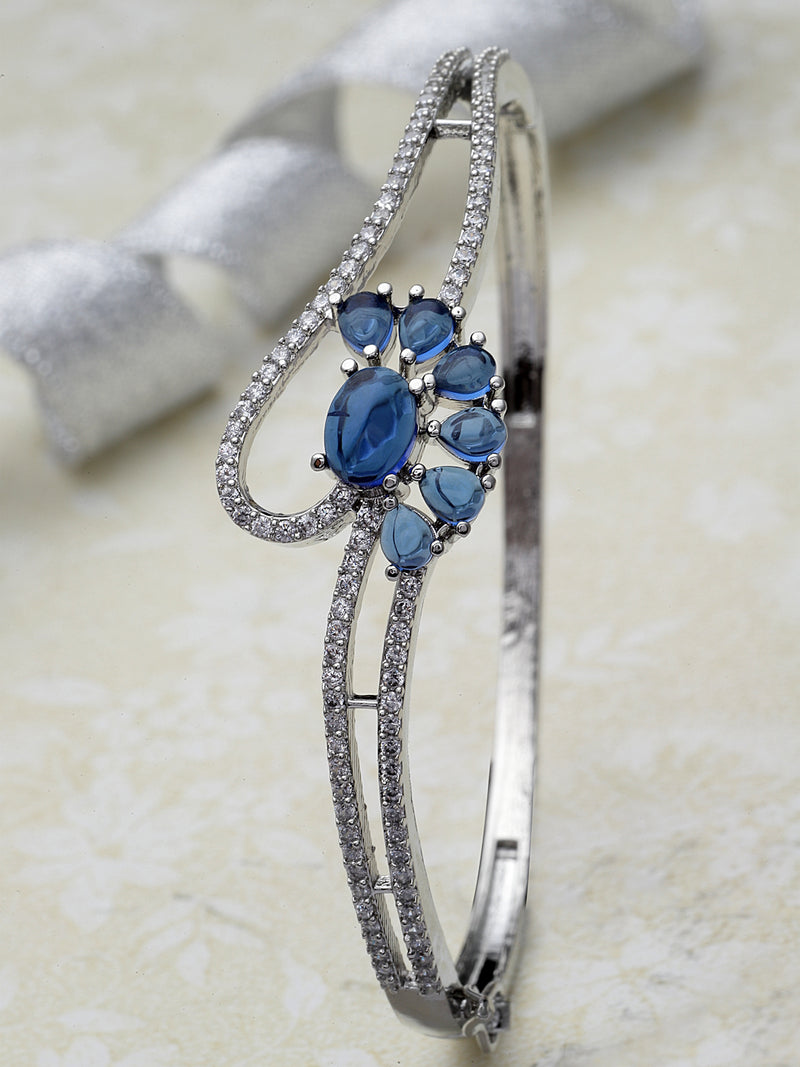 Rhodium-Plated Navy Blue American Diamond Studded Floral Theme Kada Bracelet