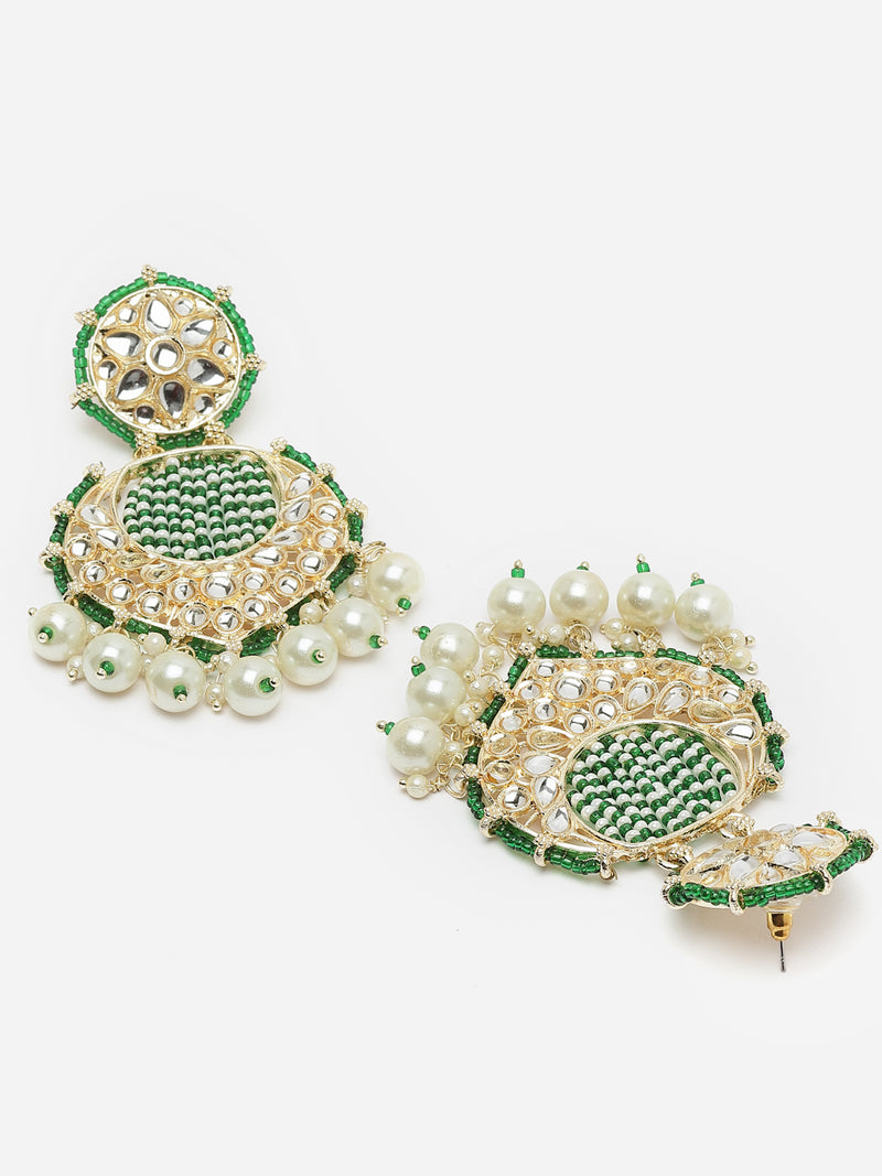 Gold-Plated Green Beads White Pearls & Kundan studded Handcrafted Crescent Shaped Drop Earrings