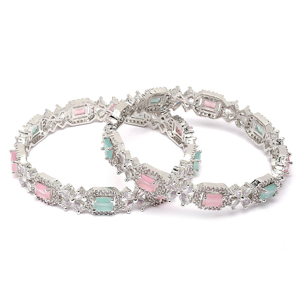 Rhodium-Plated Silver Toned Lime Green & Pink American Diamond Square Shaped studded Bangle Jewelry Set (Set Of 2)