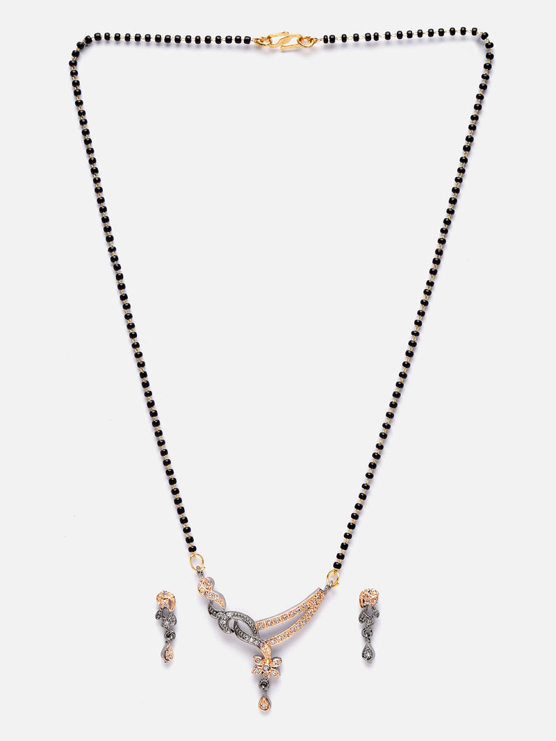 Rose Gold-Plated Gunmetal Toned White American Diamond Studded & Black Beads Beaded Mangalsutra with Earrings