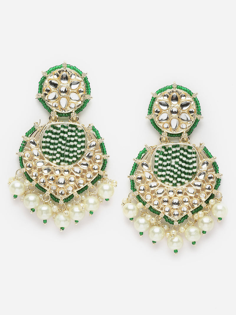 Gold-Plated Green Beads White Pearls & Kundan studded Handcrafted Crescent Shaped Drop Earrings