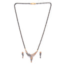 Rose Gold-Plated Gunmetal Toned White American Diamond Studded & Black Beads Beaded Mangalsutra with Earrings