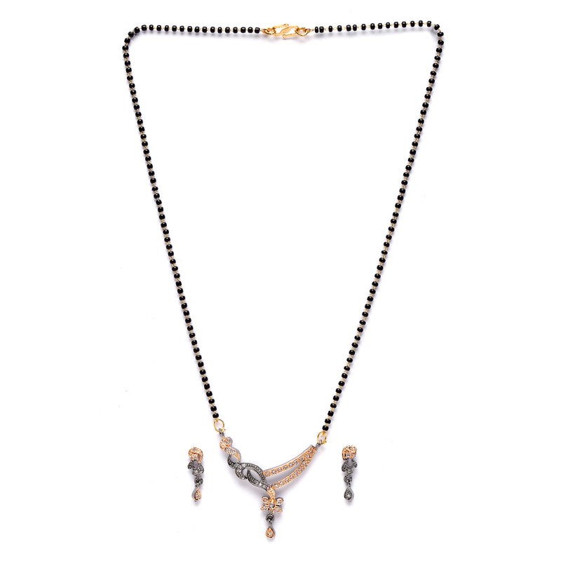 Rose Gold-Plated Gunmetal Toned White American Diamond Studded & Black Beads Beaded Mangalsutra with Earrings