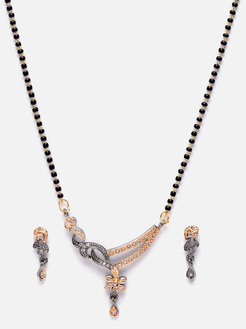 Rose Gold-Plated Gunmetal Toned White American Diamond Studded & Black Beads Beaded Mangalsutra with Earrings