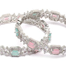 Rhodium-Plated Silver Toned Lime Green & Pink American Diamond Square Shaped studded Bangle Jewelry Set (Set Of 2)