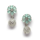 Rhodium-Plated Silver Toned Sea Green Cubic Zirconia studded Floral Shaped Cute Pendant with Earrings