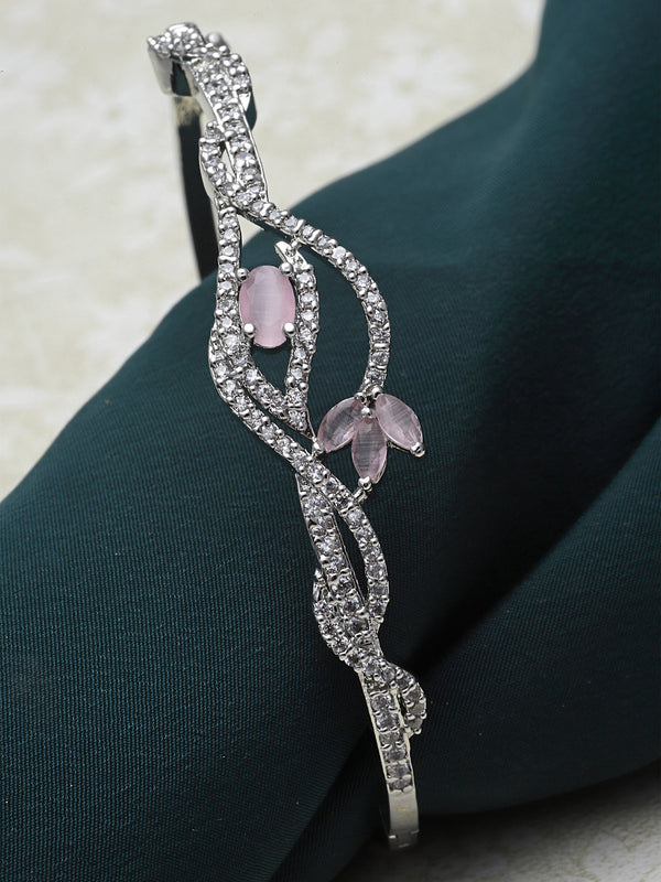 Rhodium-Plated Pink American Diamond Studded Handcrafted Kada Bracelet