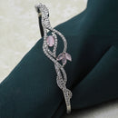 Rhodium-Plated Silver Toned Floral Pink American Diamond Studded Kada Bracelet