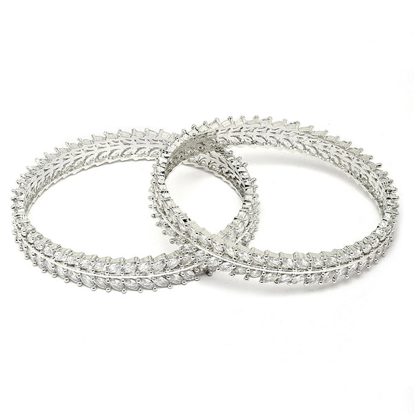 Rhodium-Plated Silver Toned White American Diamond studded Lead Shape Bangle Jewelry Set (Set Of 2)