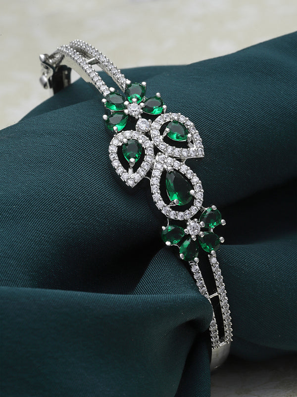 Rhodium-Plated Green American Diamond Studded Leaf Shaped Kada Bracelet