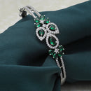 Rhodium-Plated Silver Toned Leaf Shaped Emerald Green American Diamond Studded Bracelet