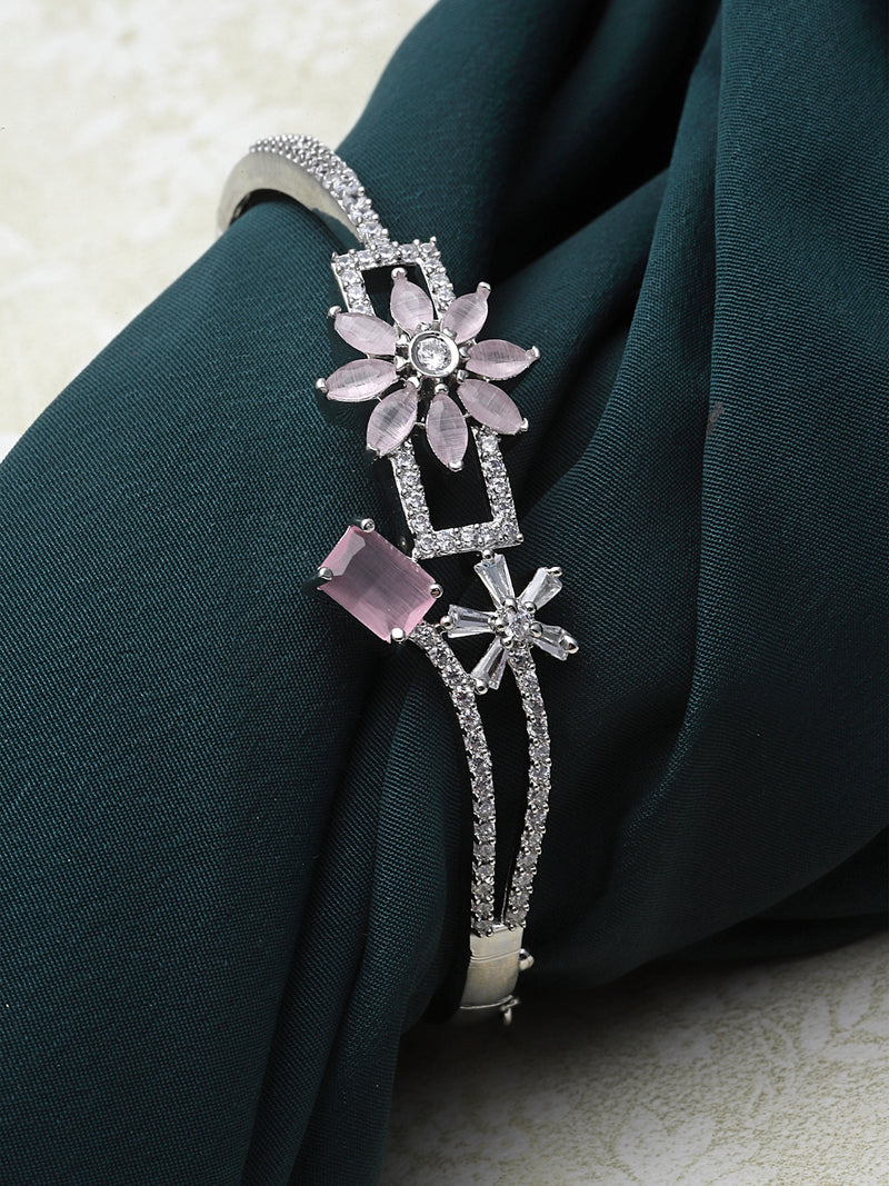 Rhodium-Plated Pink Flower & Square Shape American Diamond Studded Kada Bracelet
