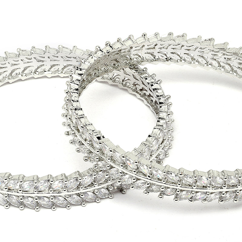 Rhodium-Plated Silver Toned White American Diamond studded Lead Shape Bangle Jewelry Set (Set Of 2)