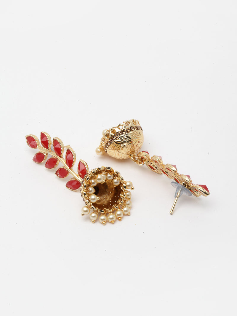 Red Antique Leaf Shaped Gold-Plated Jhumka Earrings