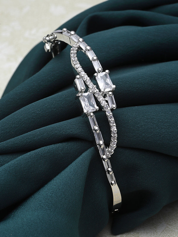 Rhodium-Plated White American Diamond Studded Kada Bracelet
