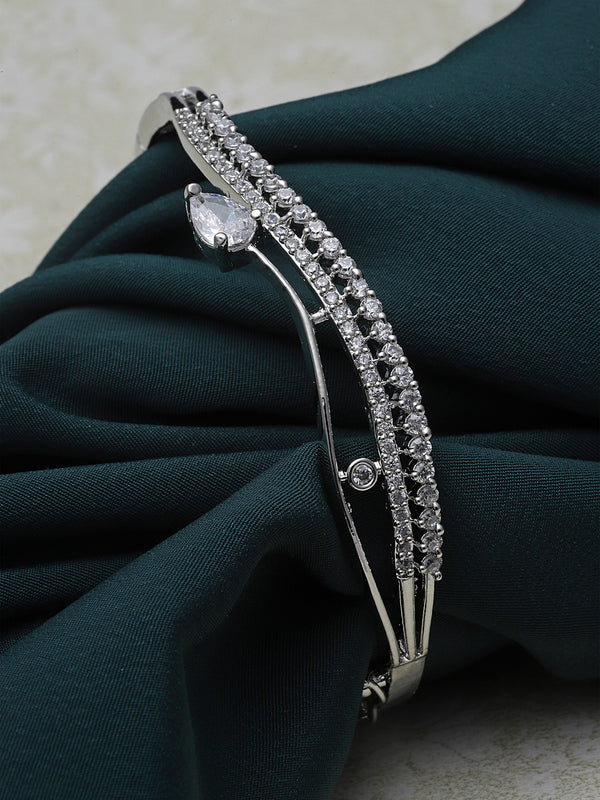 Rhodium-Plated Grey American Diamond Studded Kada Bracelet