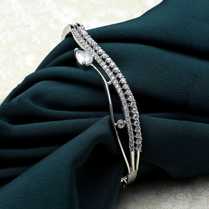Rhodium Plated Silver Toned White Teardrop  American Diamond Stone Studded Kada Bracelet
