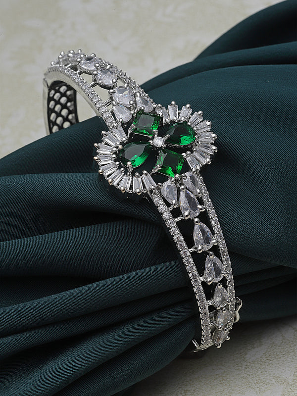 Rhodium-Plated Green American Diamond Studded Vector Theme Kada Bracelet