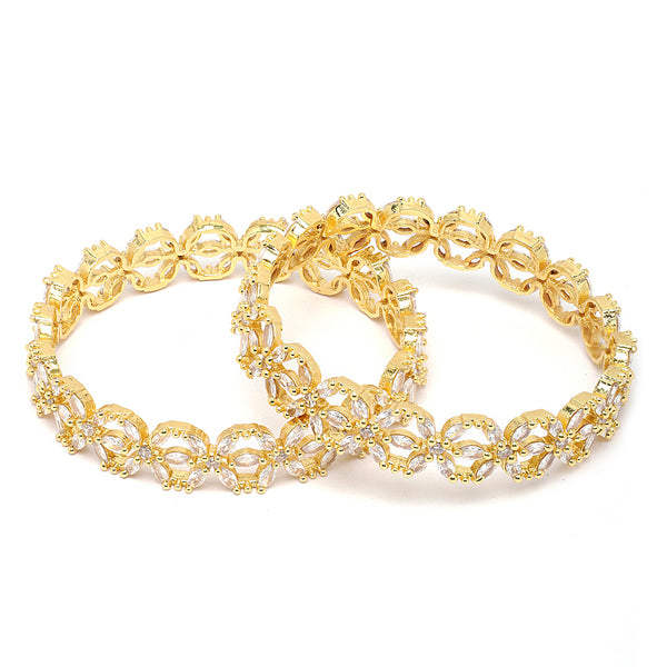 Gold-Plated White American Diamond studded Floral Shaped Bangles Jewellery Set (Set Of 2)