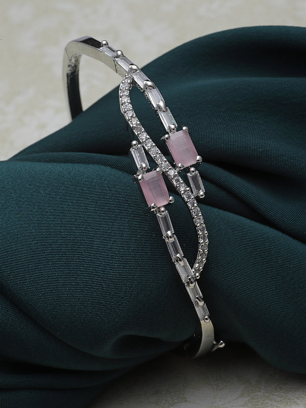 Rhodium-Plated Pink American Diamond Studded Kada Bracelet