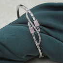 Rhodium-Plated Silver Toned Square  Pink American Diamond Studded Kada Bracelet