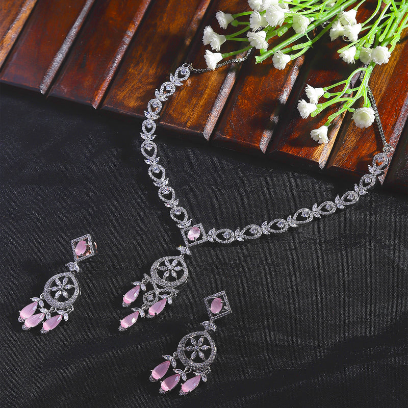 Rhodium-Plated Pink Baguette Teardrops American Diamonds Studded Necklace & Earrings Jewellery Set