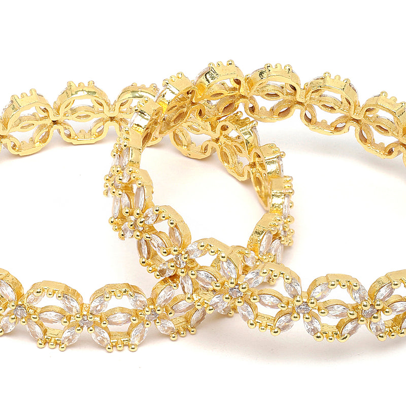 Gold-Plated White American Diamond studded Floral Shaped Bangles Jewellery Set (Set Of 2)