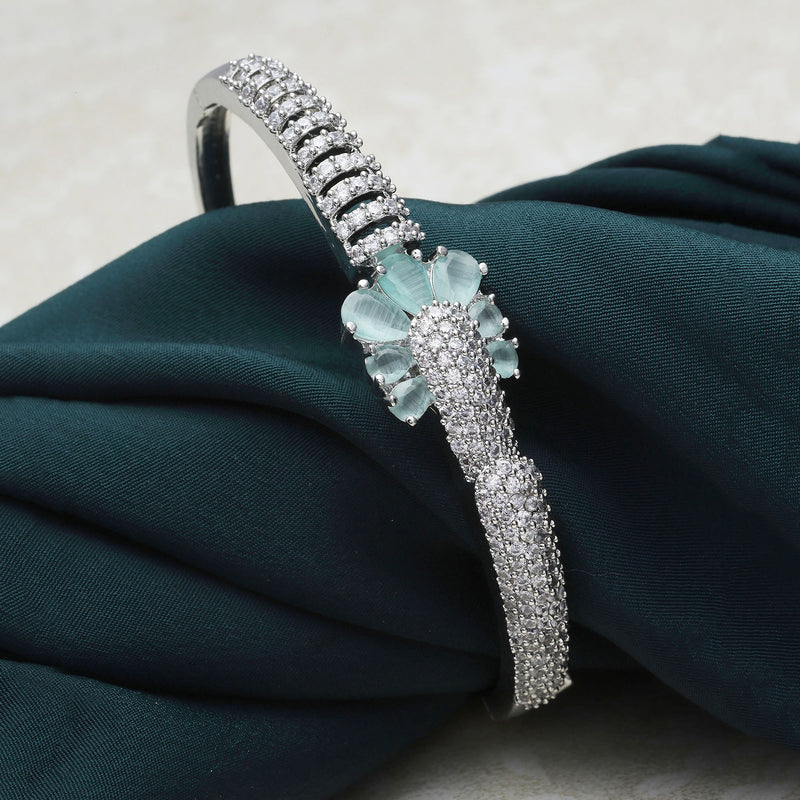 Rhodium-Plated Silver Toned Petal Shaped Sea Green American Diamond Studded Bracelet
