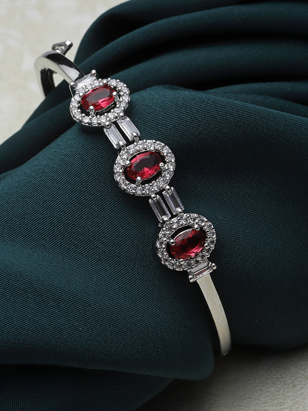 Rhodium-Plated Red Oval Shape American Diamond Studded Kada Bracelet