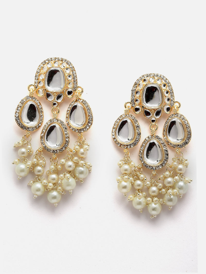 Gold-Plated Kundan & White Pearls studded Teardrop Shaped Mirror Drop Earrings