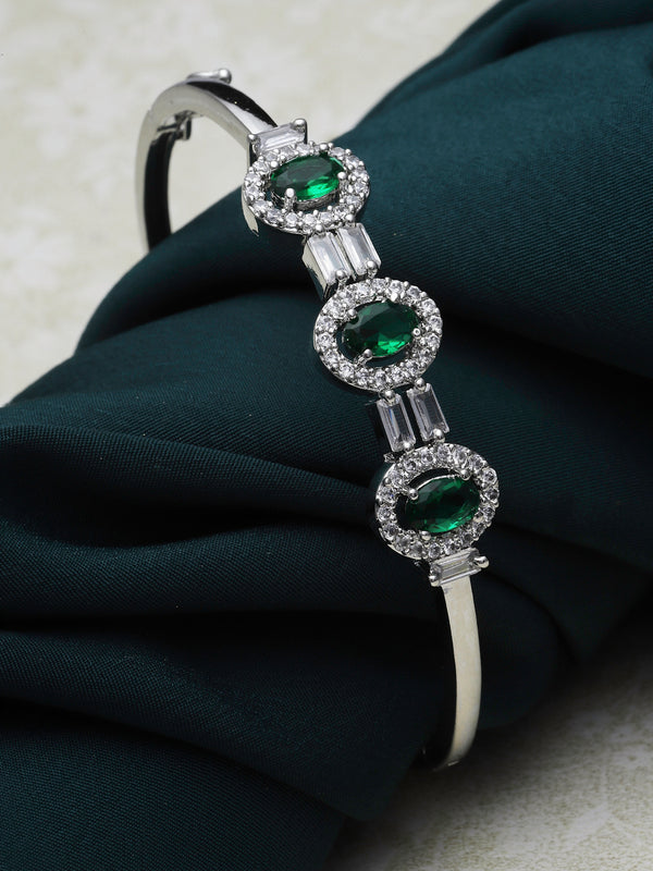 Rhodium-Plated Green Oval Shape American Diamond Studded Kada Bracelet