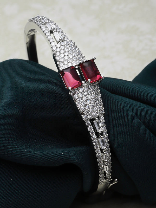 Rhodium-Plated Red Square Shape American Diamond Studded Kada Bracelet