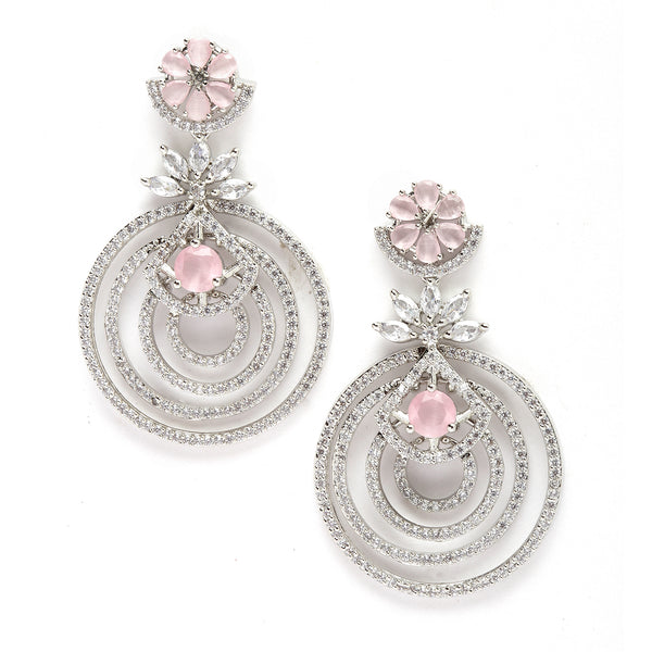 Rhodium-Plated Pink & White American Diamond studded Floral & Circular Layered Drop Earrings