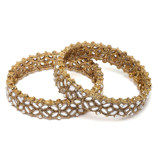 Gold-Plated White Kundan studded Designer Floral Style Bangles Jewellery Set (Set Of 2)