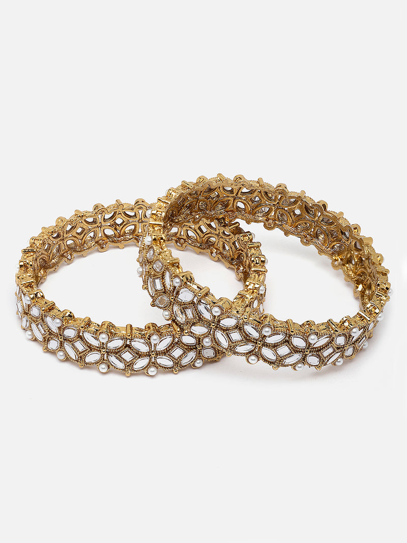 Gold-Plated White Kundan studded Designer Floral Style Bangles Jewellery Set (Set Of 2)