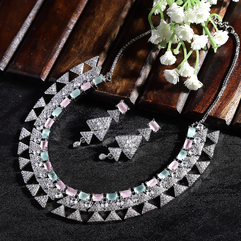 Rhodium-Plated Sea Green & Pink American Diamond Studded Triangular Design Necklace & Earrings Jewellery Set
