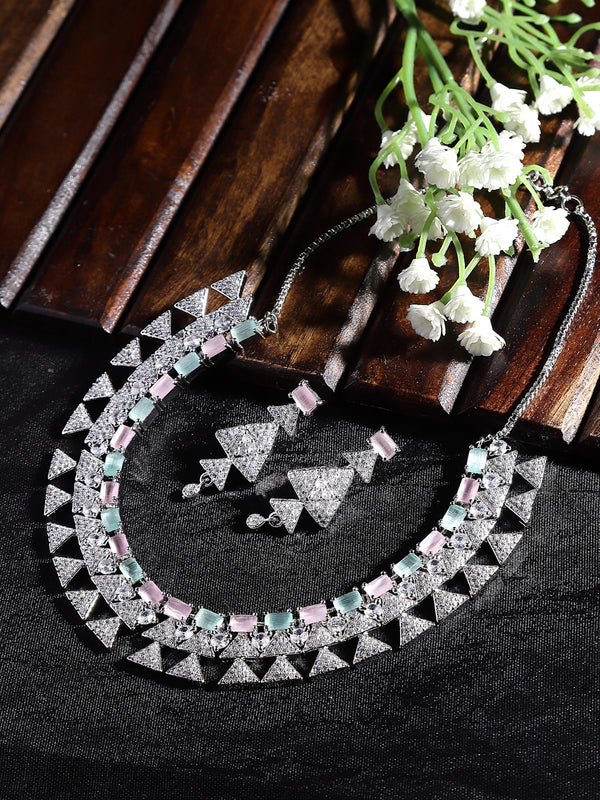 Rhodium-Plated Sea Green & Pink American Diamond Studded Triangular Design Necklace & Earrings Jewellery Set