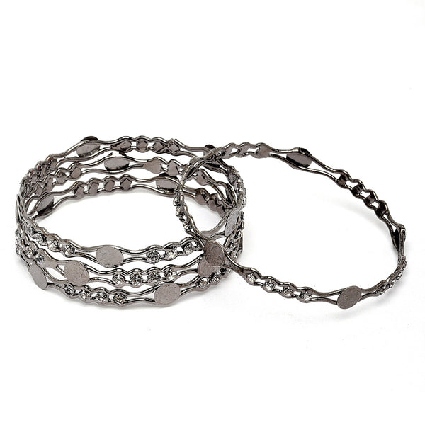 Oxidised Silver-Plated Black Toned White American Diamond studded Temple Coin Bangles Jewellery Set (Set Of 4)