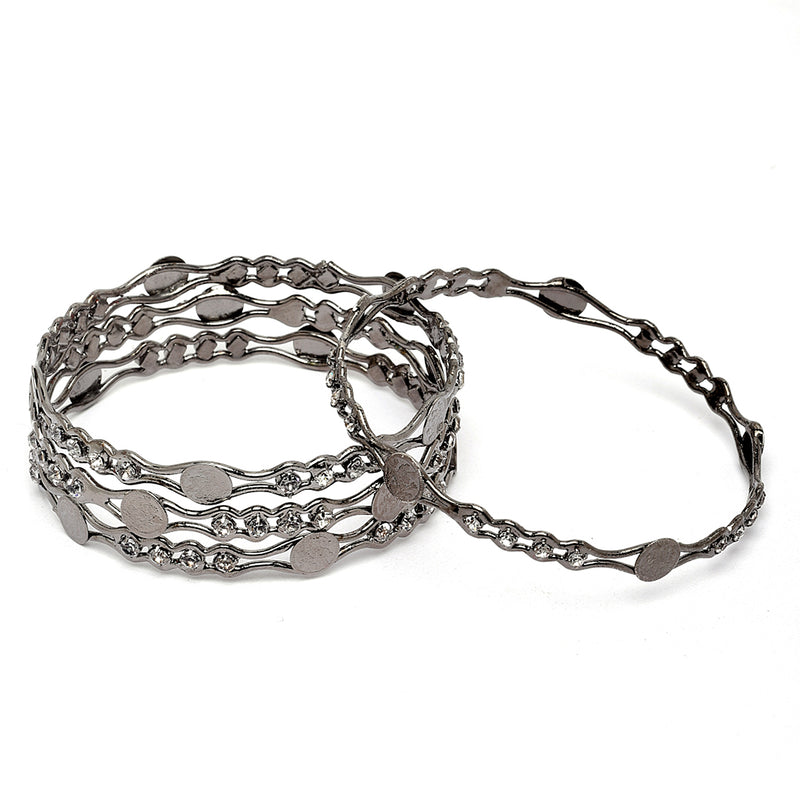 Oxidised Silver-Plated Black Toned White American Diamond studded Temple Coin Bangles Jewellery Set (Set Of 4)