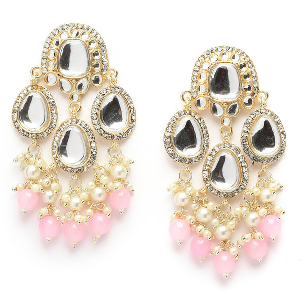 Gold-Plated Kundan & Pink Pearls studded Teardrop Shaped Mirror Drop Earrings