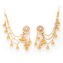 Traditional Bahubali Style Off White Circular Shaped Gold-Plated Drop Earrings With Ear Chain